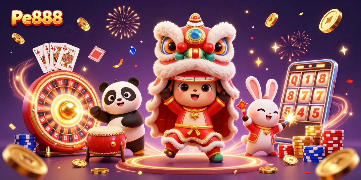 Experience Pe888's excitement with dynamic characters and vibrant casino elements in this illustration.