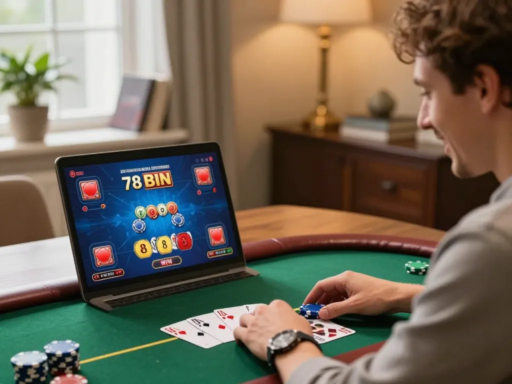 Engaging moment of a player enjoying a 78 win poker game on a laptop, emphasizing online gambling.