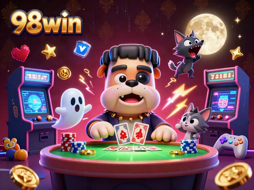 Experience thrilling 98win casino action with vibrant 3D characters and gaming elements all around.