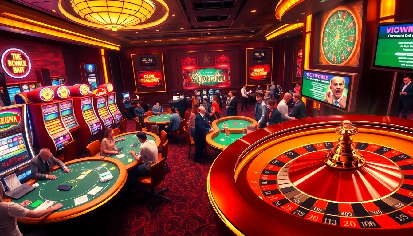 Experience luxury gaming at vipwin casino with poker tables, roulette wheels, and vibrant slot machines.