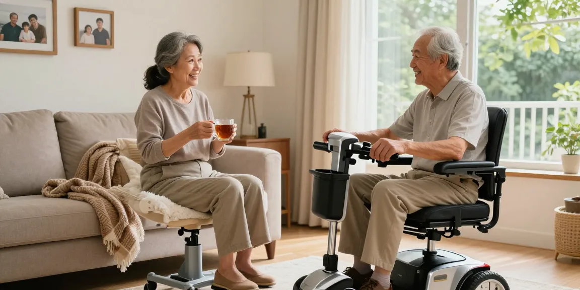Couple enjoying a comfortable living room while using shoppers home health equipment like a mobility scooter and lift chair.