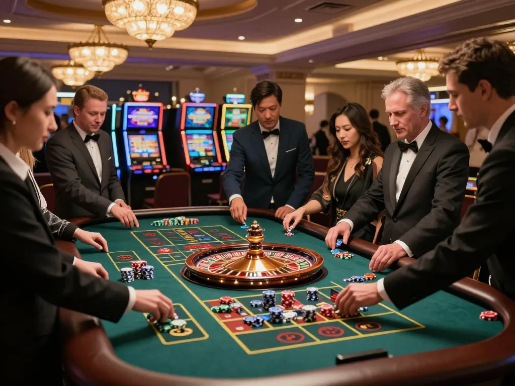 Players strategizing their bets at a roulette table in a luxurious casino setting 79king.