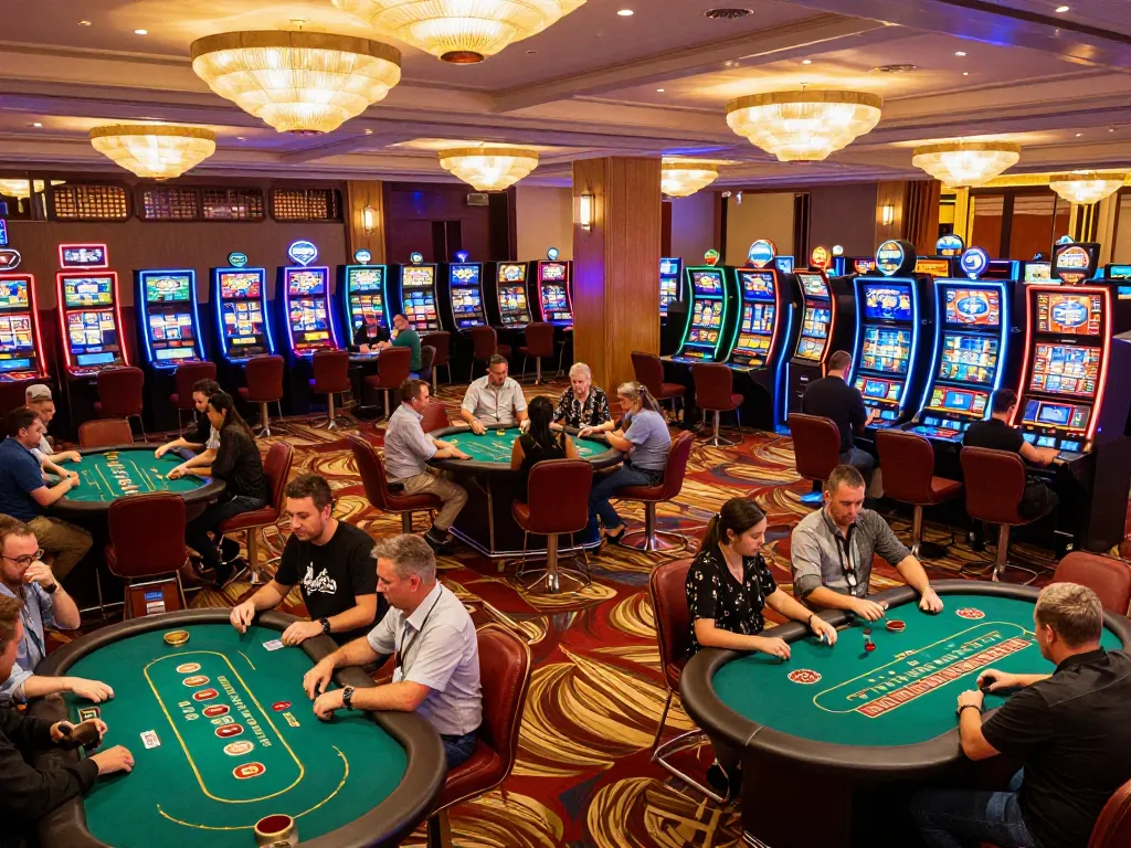 Players enjoying a thrilling game at nhà cái sc88, with vibrant slot machines and an upscale casino atmosphere
