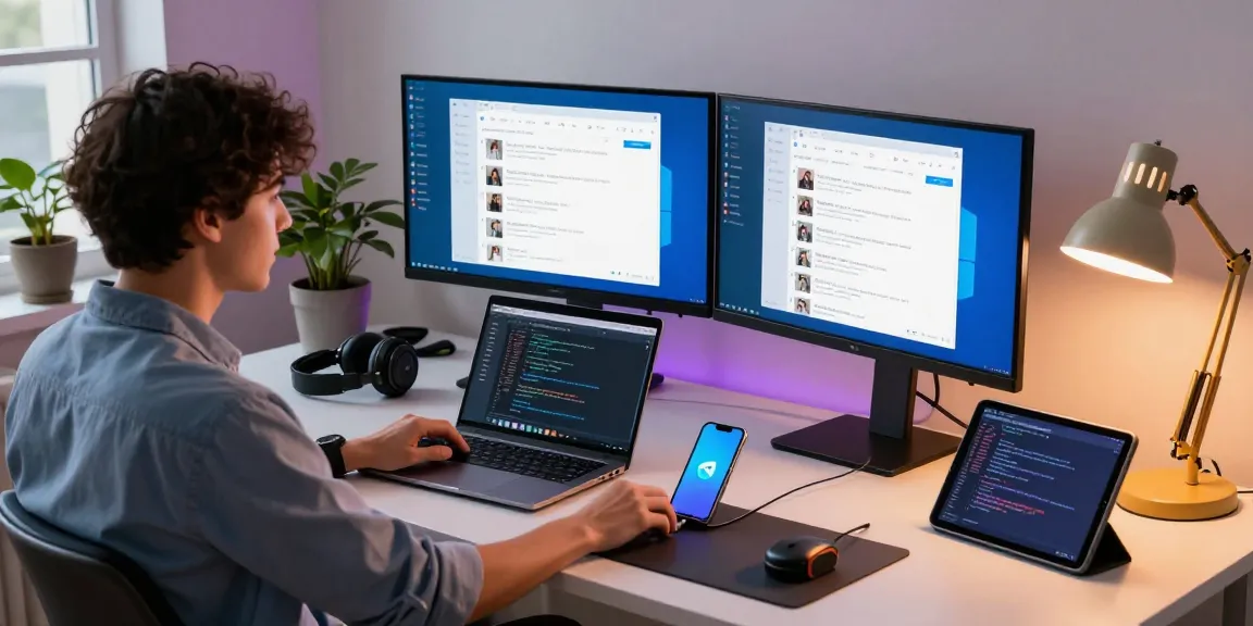 Experience seamless Telegram download on multiple devices in a vibrant tech workspace.