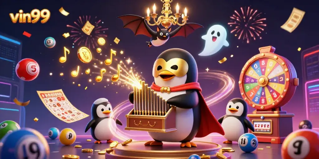 Experience vin99's excitement with a vibrant scene of a penguin playing the organ amid colorful gambling elements.