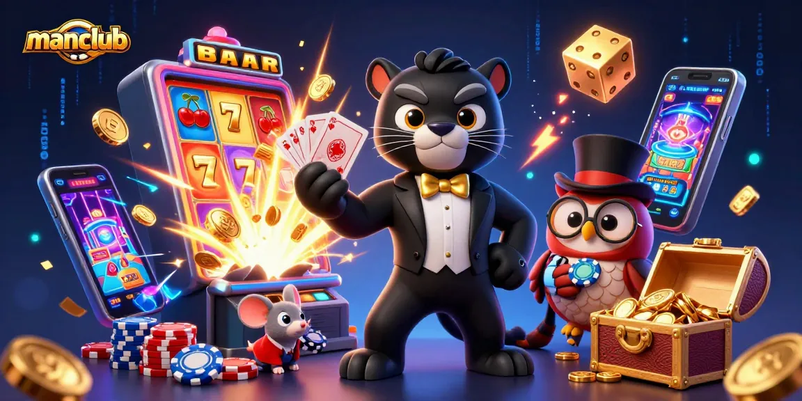 Experience the excitement of manclub with a stylish panther dealing cards amidst a jackpot explosion in a vibrant casino scene.