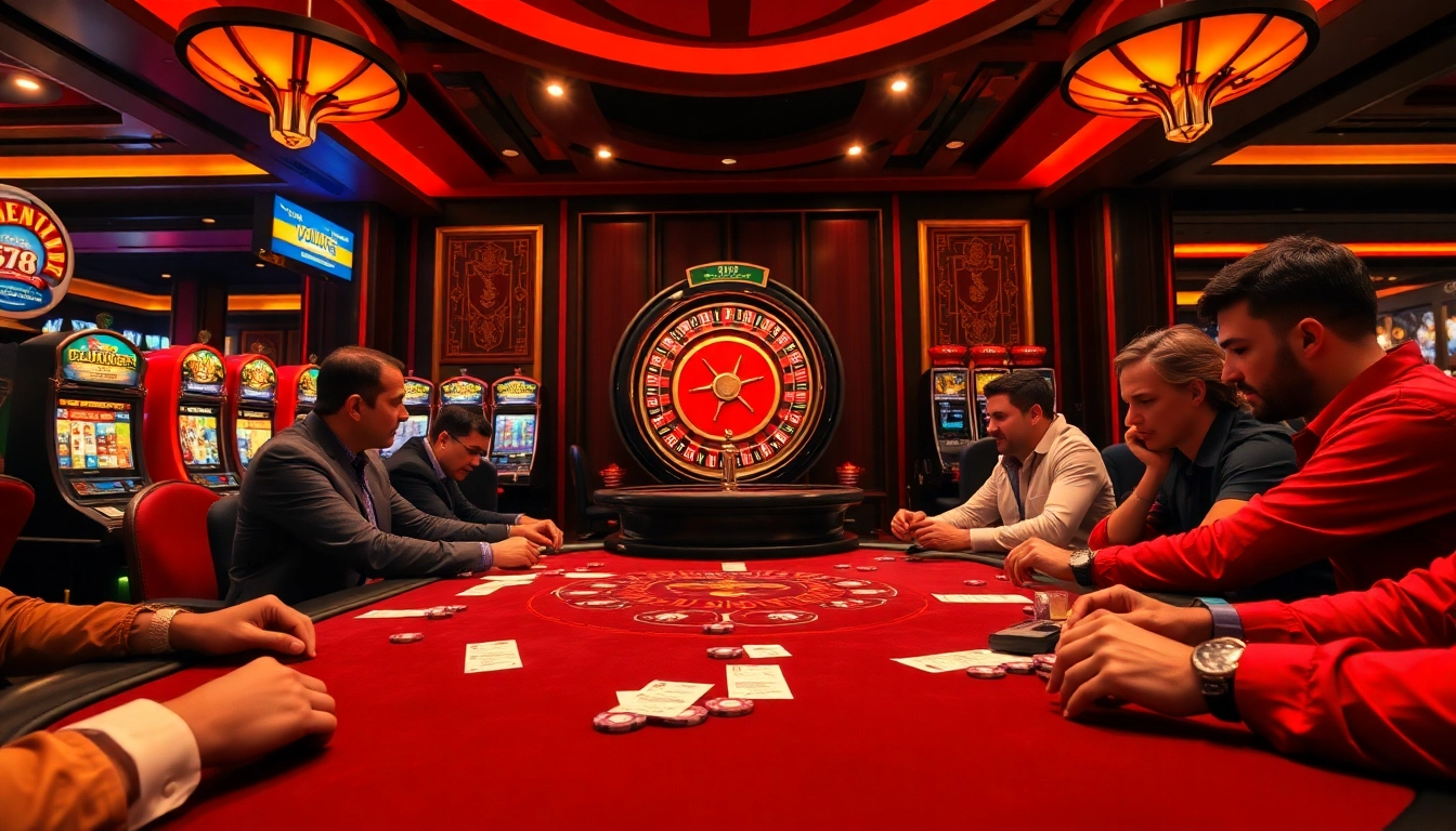 Action-packed poker scene in a casino, featuring VN789 chips and a lively atmosphere.