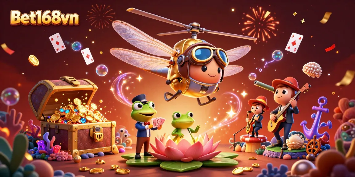 Experience the thrill of gambling at Bet168vn with dynamic gaming elements in a vibrant 3D scene.
