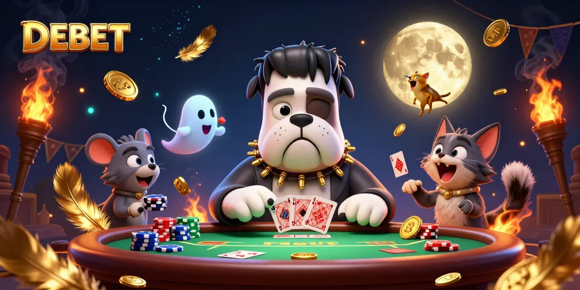 Engage with DEBET's thrilling casino scene featuring a Frankenstein bulldog dealer and interactive poker elements.
