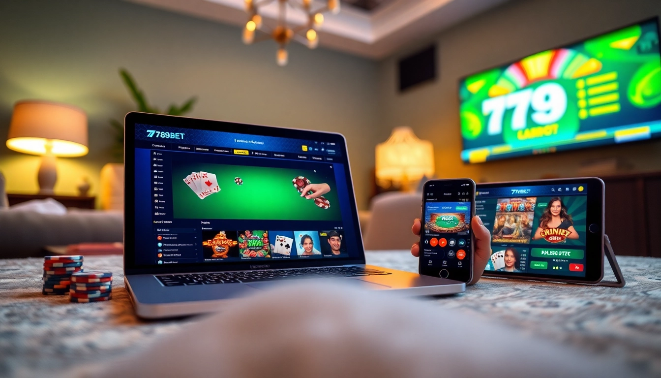 Engage with 789BET's innovative online gaming experience across devices, showcasing a friendly gambling atmosphere.