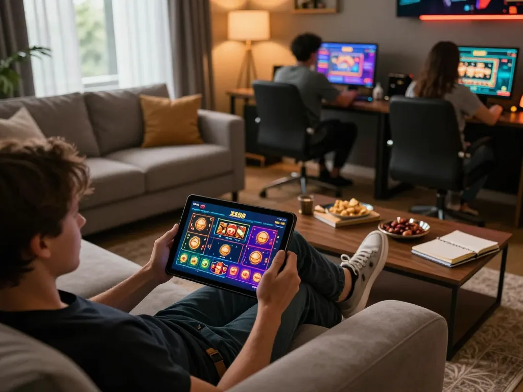 Engaged user playing games on https://xx88gg.net/ tablet, showcasing online gambling excitement with snacks