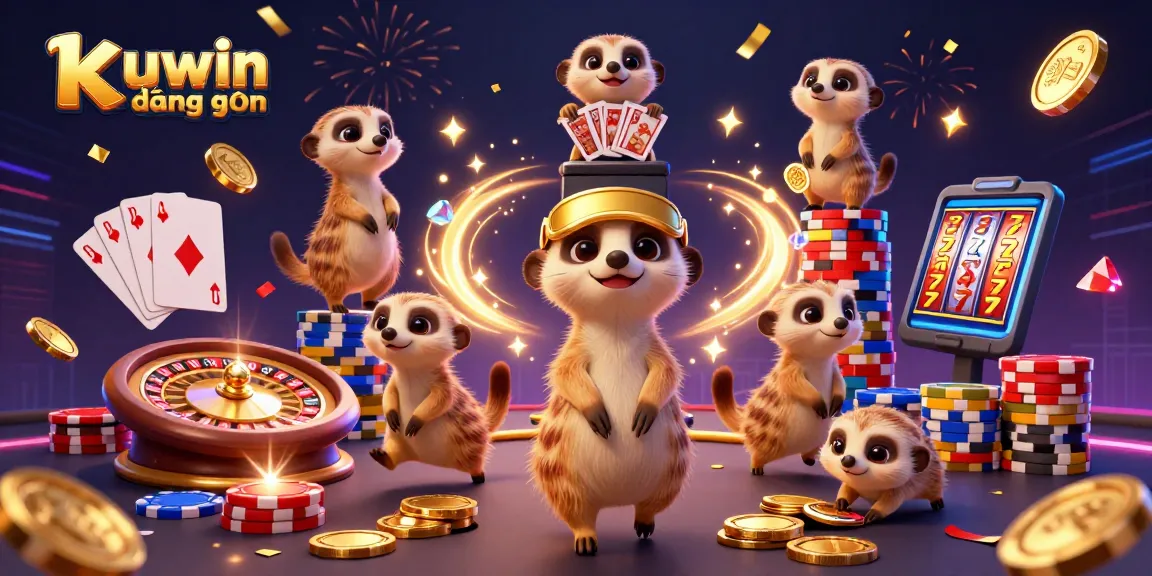Experience thrilling gameplay with kuwin đăng nhập in a vibrant 3D casino scene filled with lively meerkats.