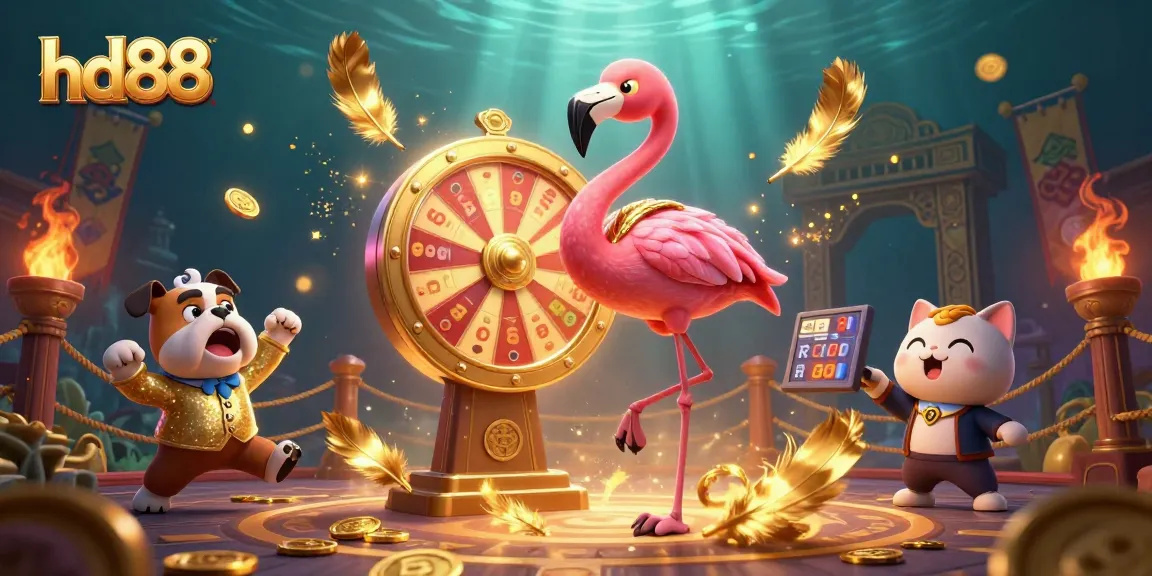 Win big with hd88 as a flamingo host spins the prize wheel with excitement!