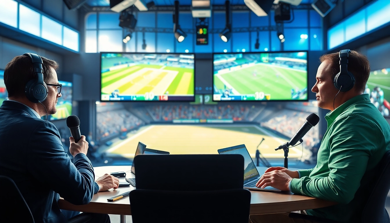 Engaging scene of sports broadcasting with hosts discussing live events and modern technology.