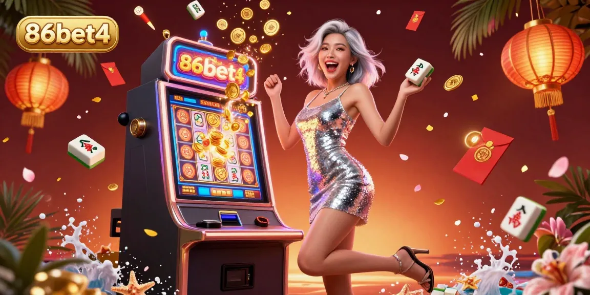 Experience thrilling jackpots at 86bet4 with a glamorous scene featuring exciting slot machines and celebratory moments.