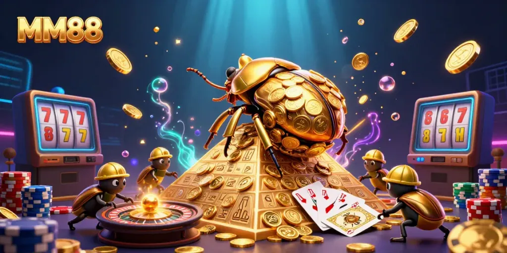 Experience the excitement of MM88 with a giant golden beetle rolling coins and casino symbols in a vibrant illustration.