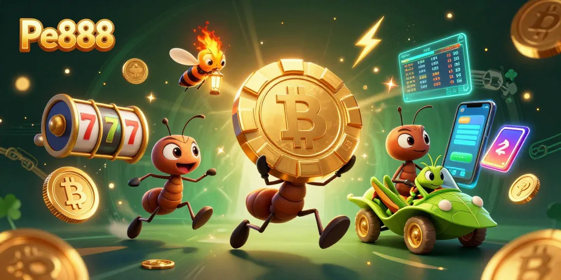 Experience Pe888's thrilling heist featuring ants, chips, and crypto in a vibrant 3D casino scene.