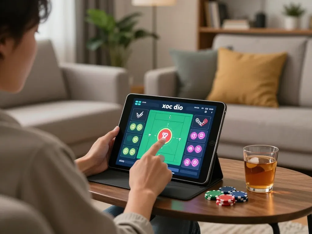 xóc đĩa online gaming session at home with tablet interface and cozy atmosphere