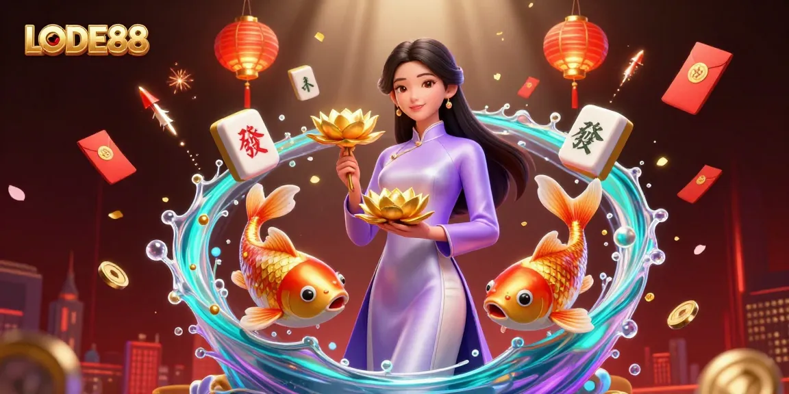 LODE88 welcomes players to engage in thrilling online gambling, represented by an elegant Asian woman surrounded by captivating game elements.