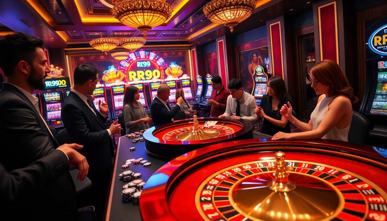 Experience the excitement of RR99 at a luxurious casino table with vibrant lights and eager players.