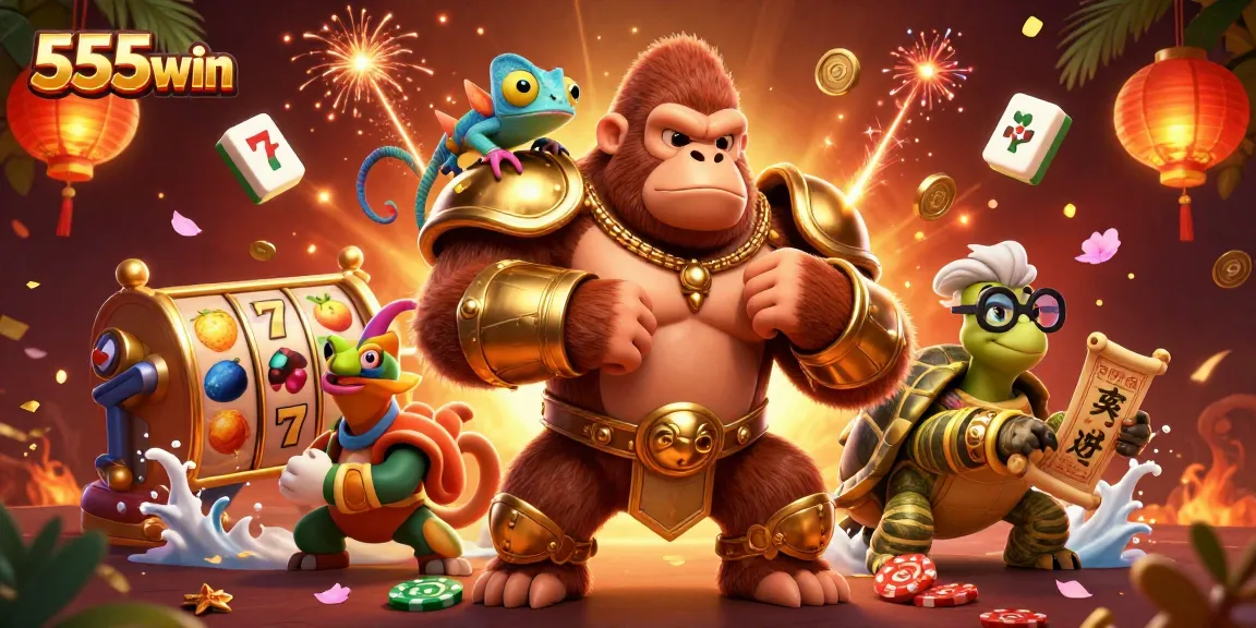 Experience thrilling slot adventures with 555win in an immersive 3D casino illustration.