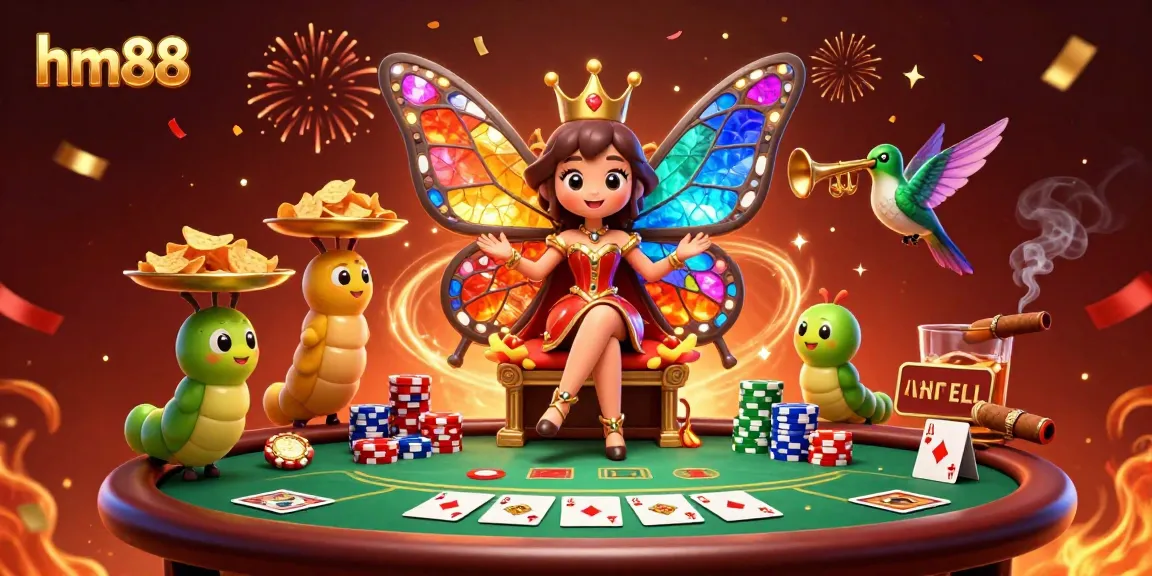Play poker and win big with hm88 at this vibrant online casino scene featuring a butterfly queen and poker elements.