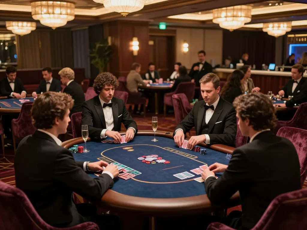 An intense poker game in a luxurious VIP area at ok365 casino with players, chips, and warm lighting