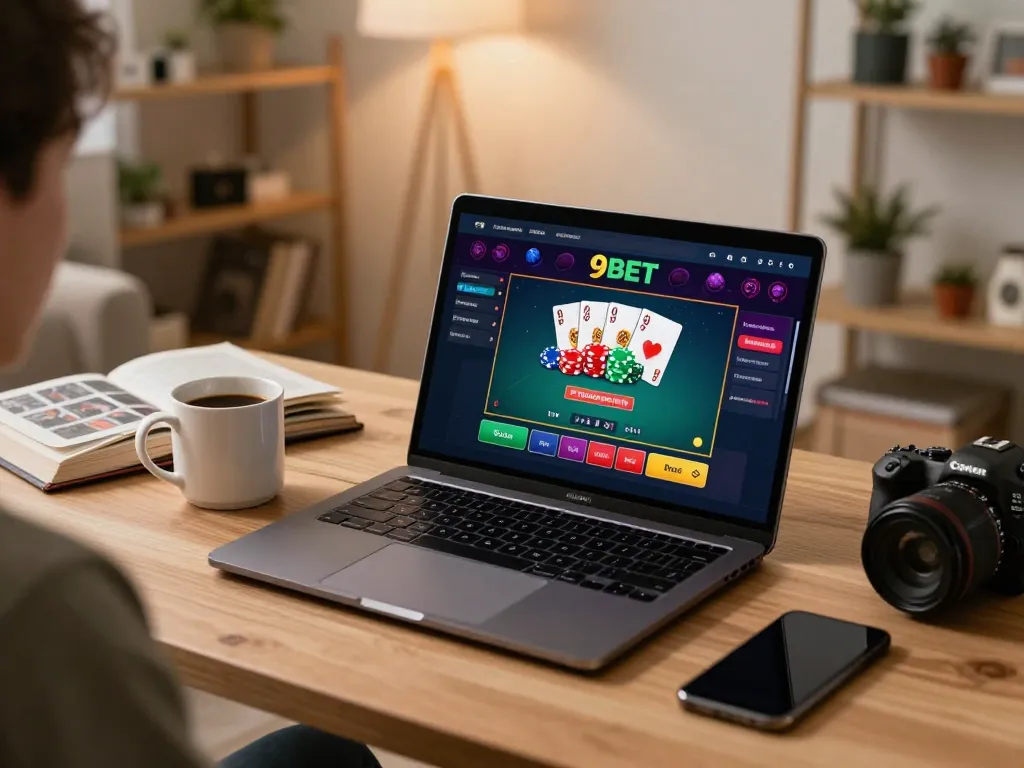 Engaged player using 9BET for live dealer gaming in a cozy home office environment