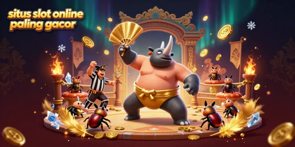Mengamati situs slot online paling gacor, seorang juara sumo kumbang rhinoceros dikelilingi koin emas terbang.