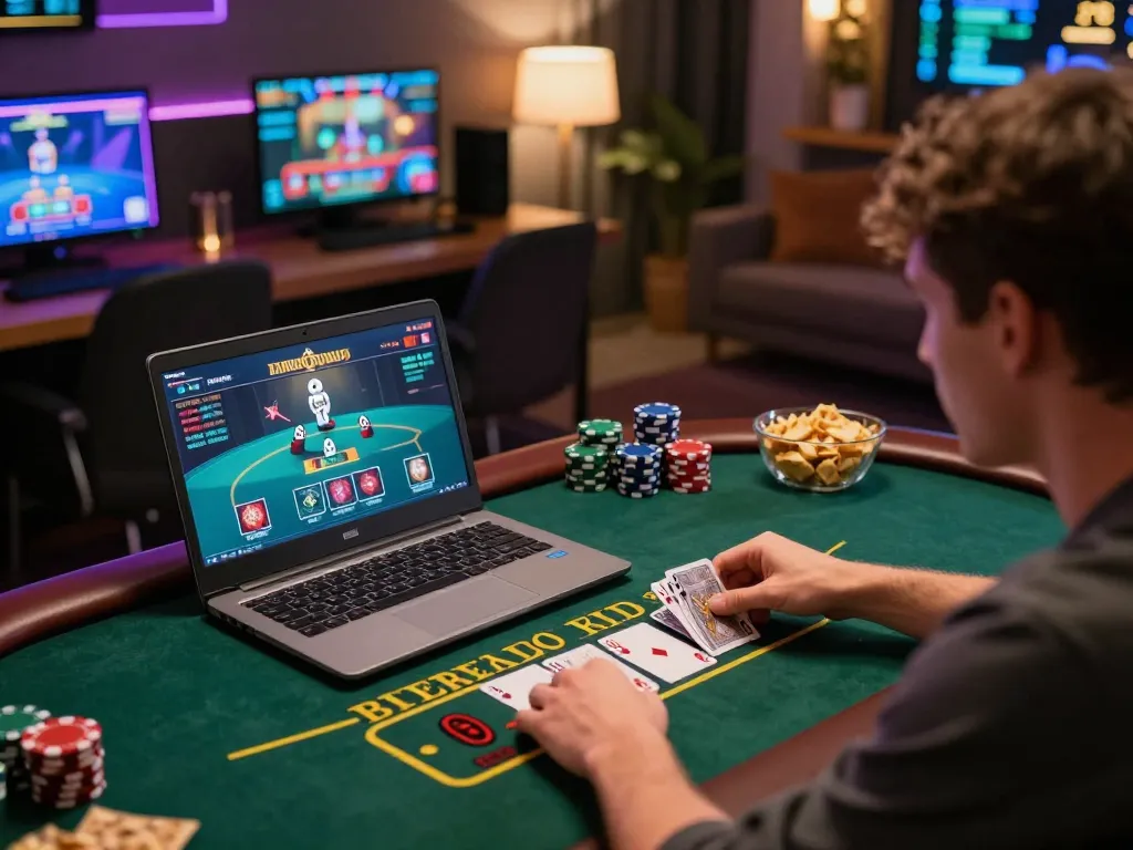 Hitclub player engaging in online blackjack at home, showcasing a strategic game moment