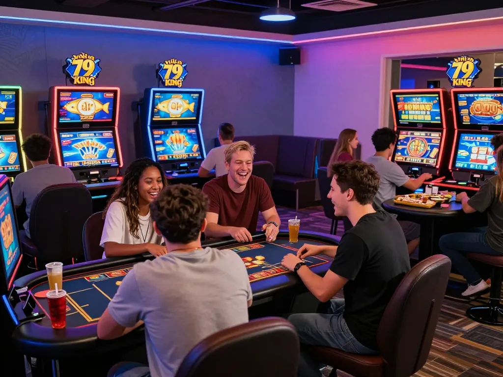 A diverse group of players enjoying engaging games at 79 King online casino, showcasing vibrant gaming atmosphere with modern equipment and digital screens.