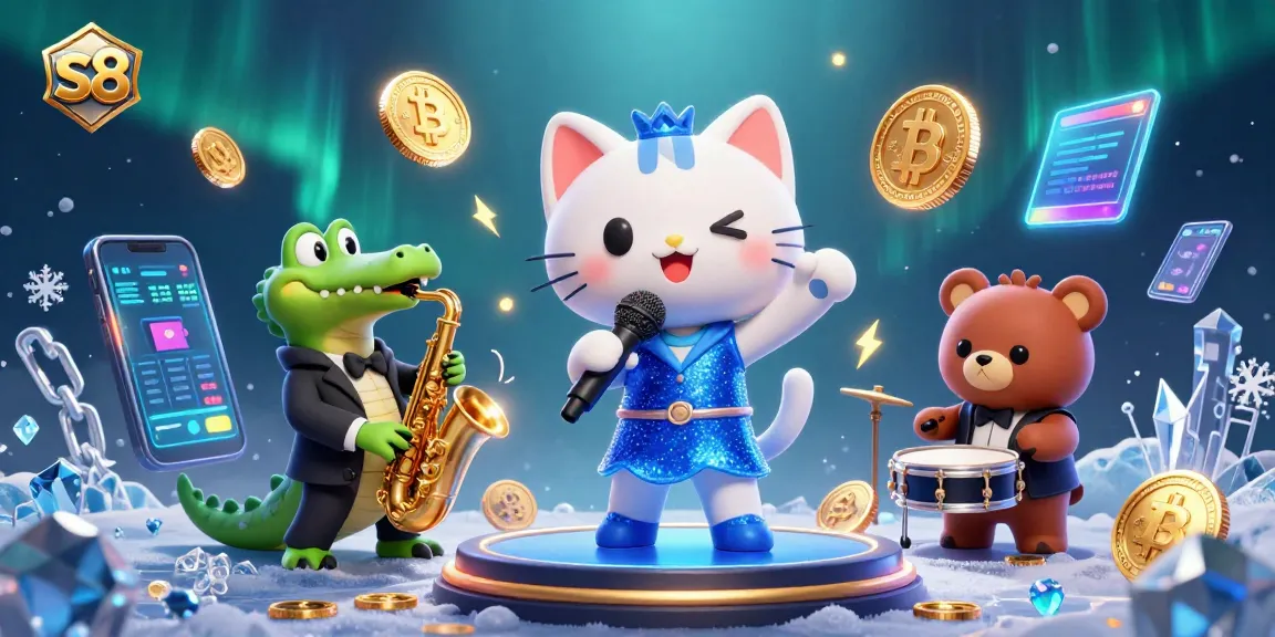 Enjoy vibrant gaming at s8 with a lively 3D casino scene featuring entertaining characters and crypto elements.