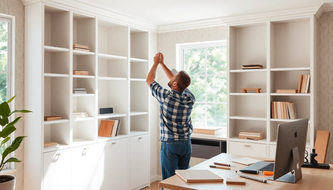 Built-in shelving contractor Westchester installing elegant shelving in a modern home office.
