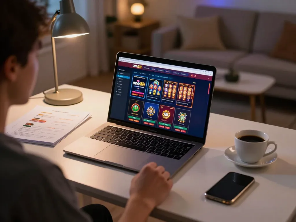 Engaging in online gaming at one88 from a cozy home office, showcasing strategic play and excitement