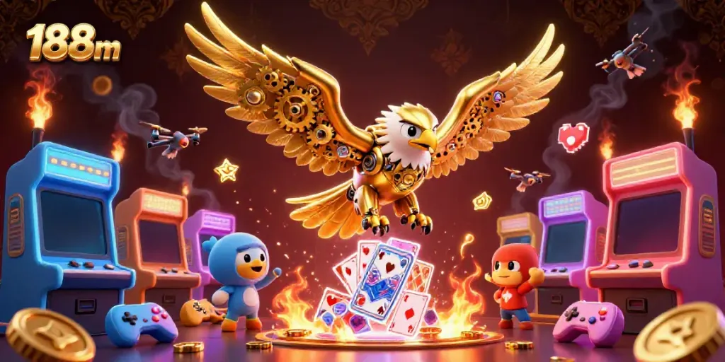 Experience thrilling gameplay at 188m with a dynamic 3D casino illustration featuring a golden eagle and gaming elements.