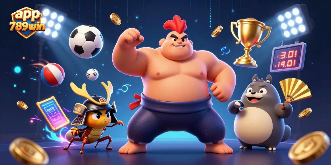 Bet on thrilling events with app 789win, featuring a dynamic scene of a sumo rooster and vibrant sports elements.