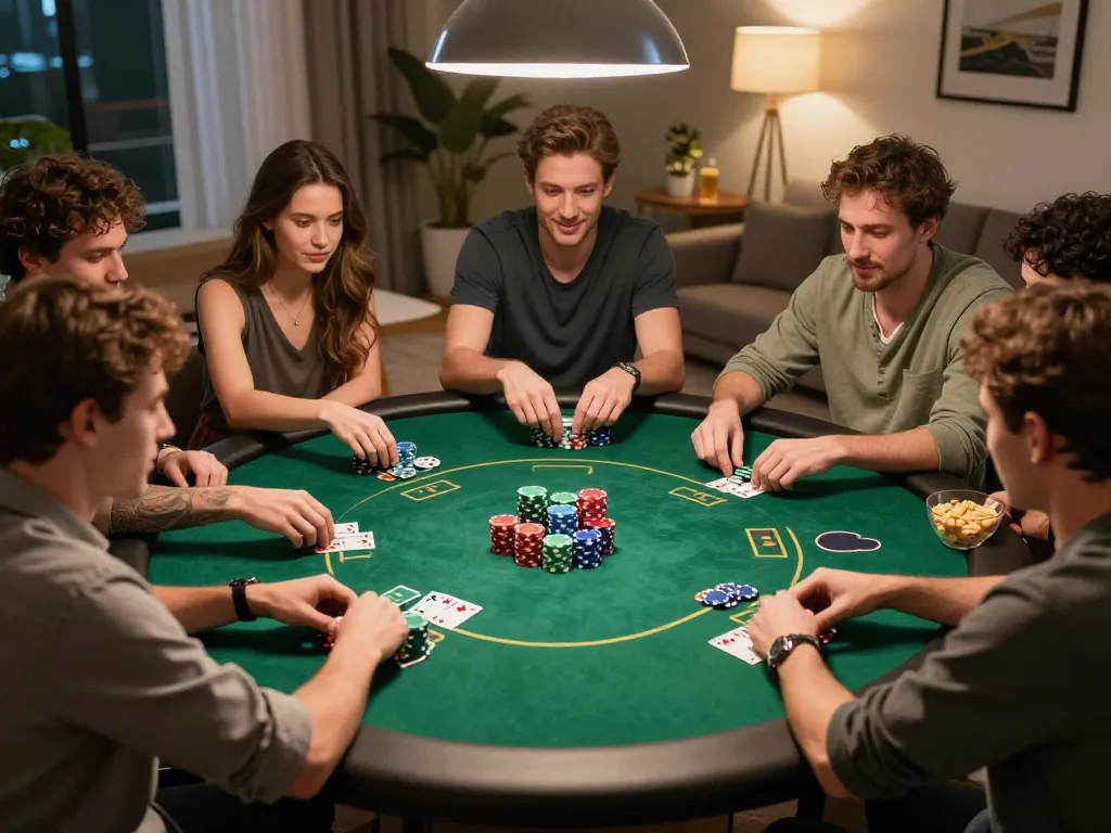 Friends enjoying a competitive poker game at home, featuring 3WIN poker chips and vibrant atmosphere.
