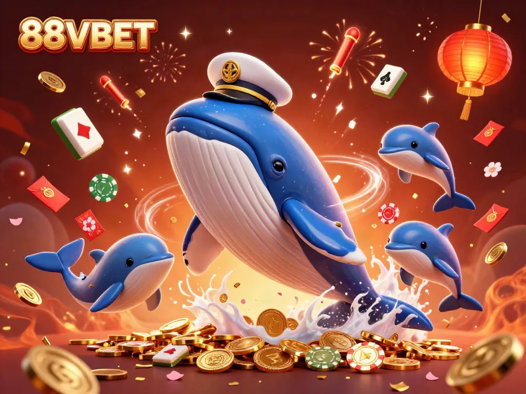 Experience the thrill of 88VBET with a lively 3D rendering featuring a whale and playful dolphins in a vibrant casino-themed scene.