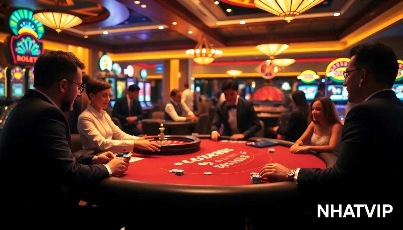 Experience the thrill of gambling at NHATVIP with a luxurious casino setup highlighting poker and slot machines.