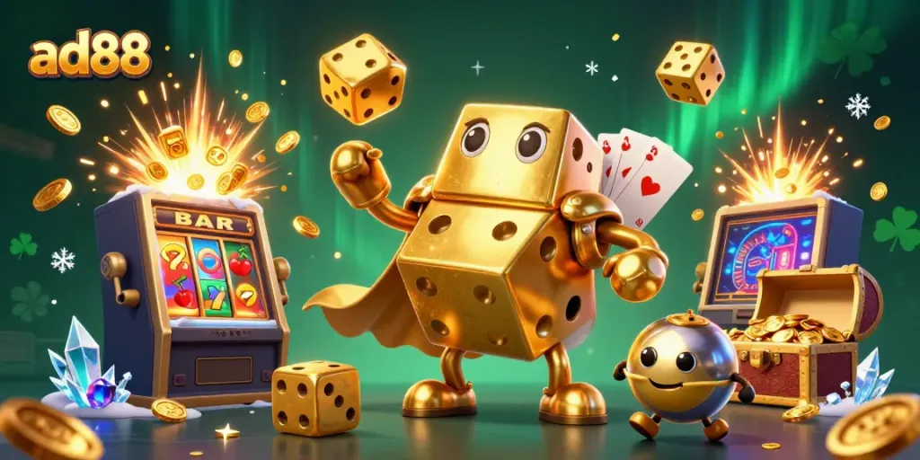 Experience ad88's thrilling casino atmosphere with animated dice and vibrant slot explosions.