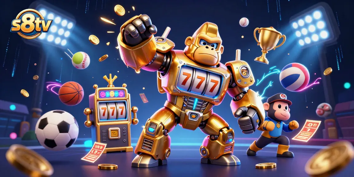 S8tv brings thrilling sports betting action to life with a dynamic animated scene featuring a golden gorilla mech and sports elements.