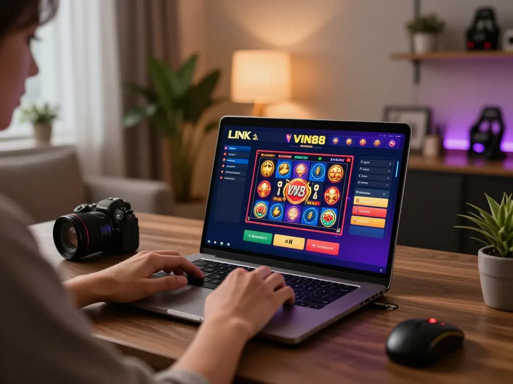 Engage with LINK VIN88 in a cutting-edge online casino experience showcasing vibrant gameplay and comfortable home setup.
