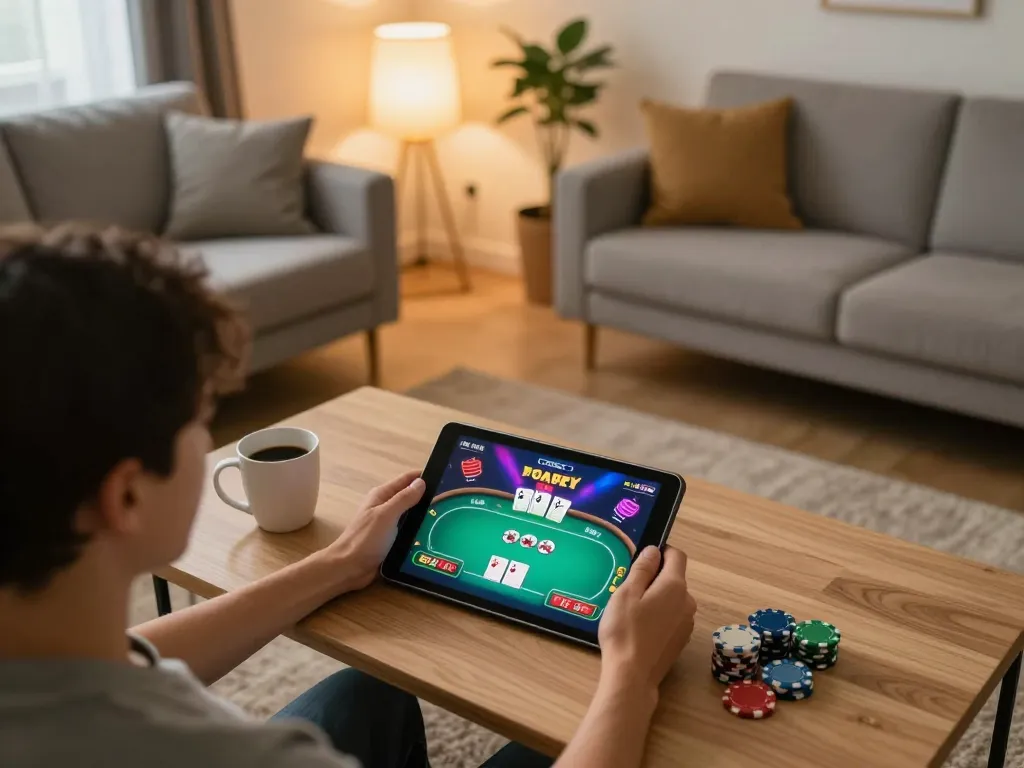 Engaging in online gaming at home through Trang Chủ O8, showcasing poker gameplay on tablet.