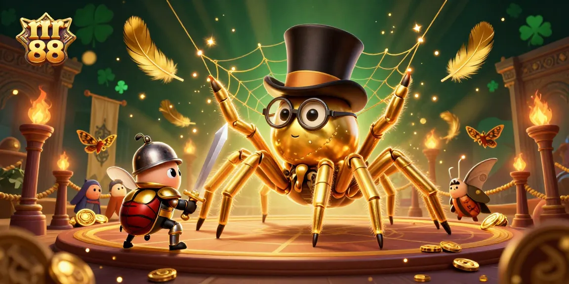 Engage in exciting games at rr 88 casino with golden tarantula and brave knight illustration.
