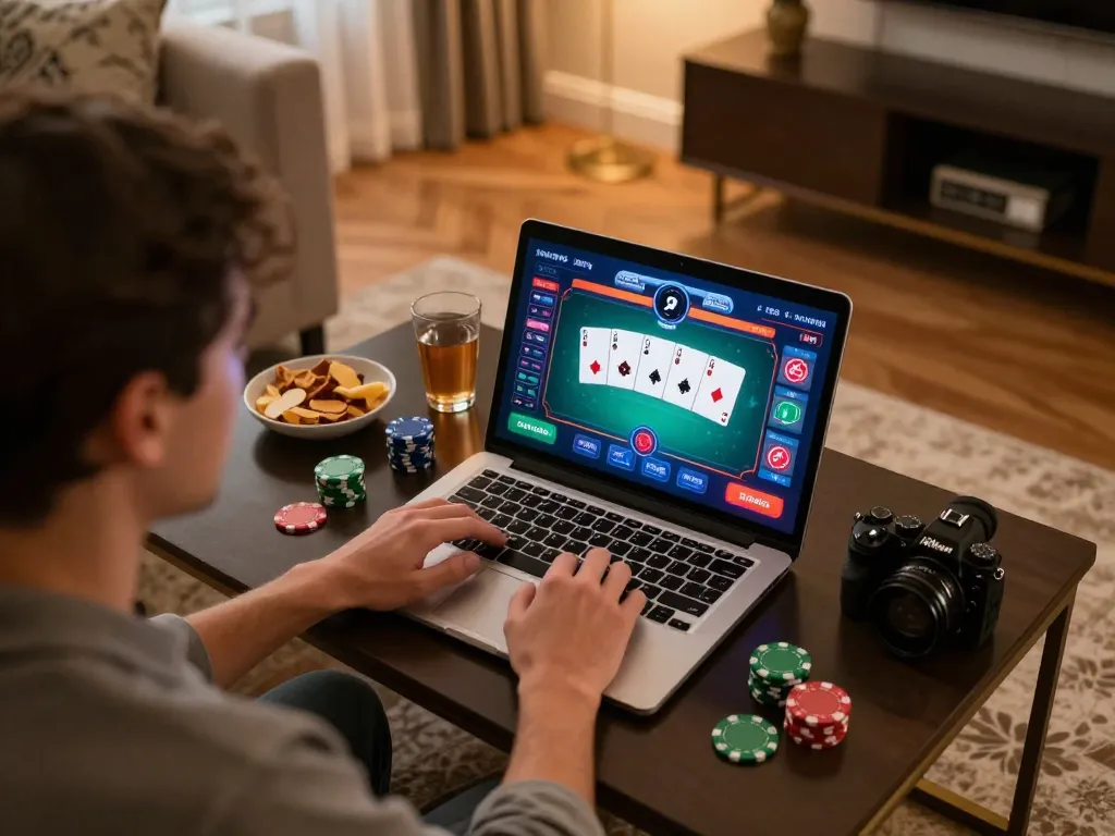 Engaging online poker gameplay at home, showcasing LINK MI88 in action with vibrant cards and chips.