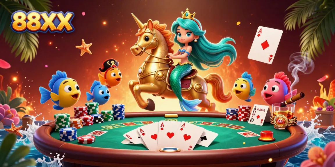 Experience the thrill of 88XX with a vibrant casino scene featuring a mermaid princess and poker elements.