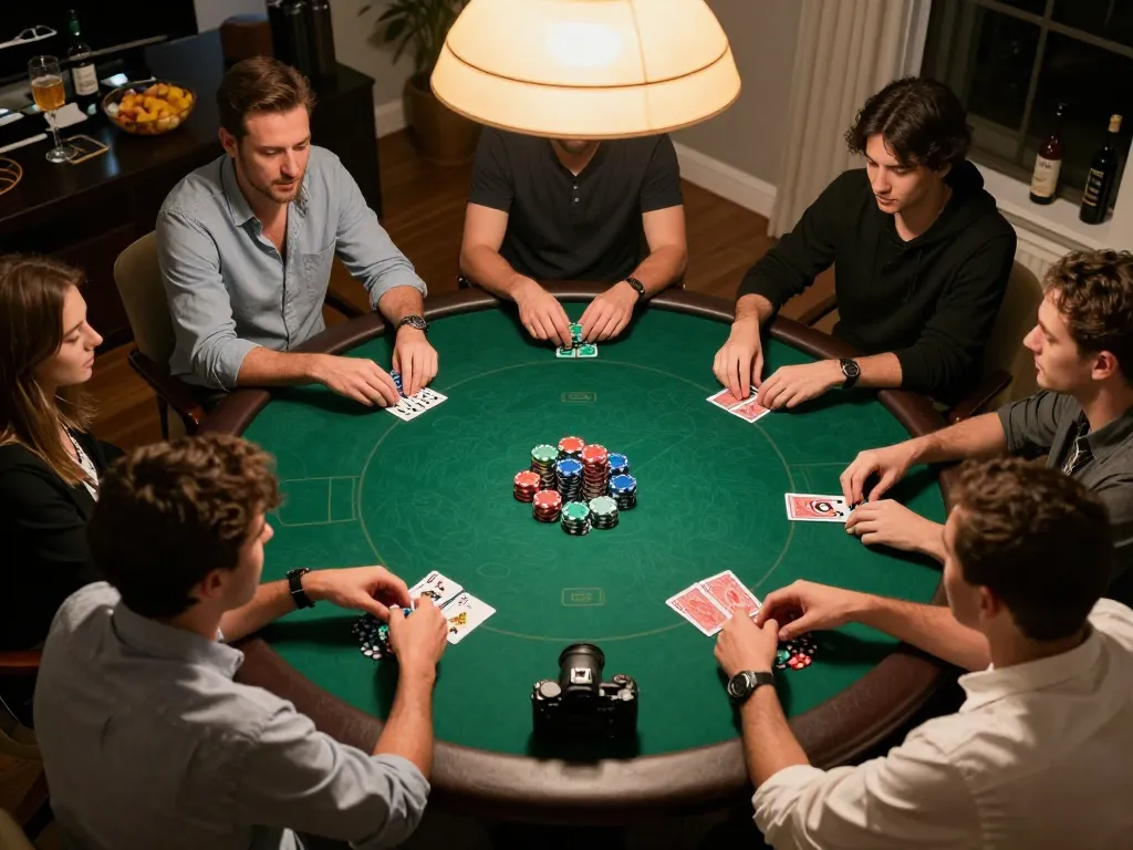 Players engaged in a lively home poker game, featuring loto188 strategies and vibrant poker chips.