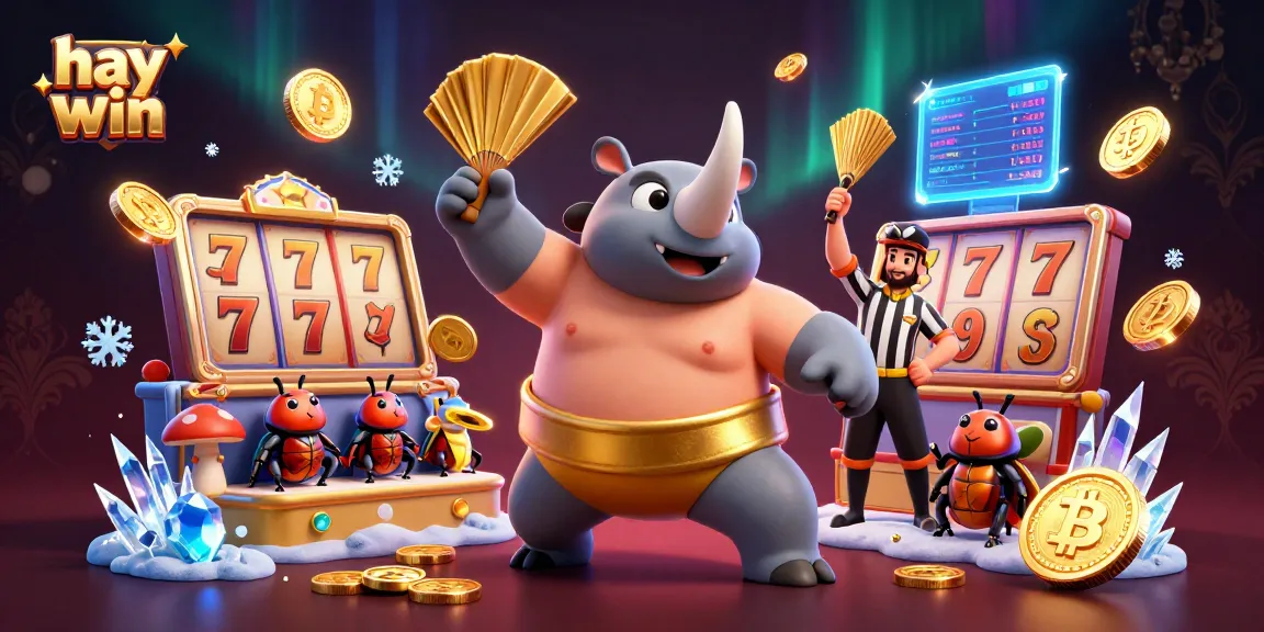 Experience wins at hay win with a dynamic scene featuring a beetle champion and slot game elements.