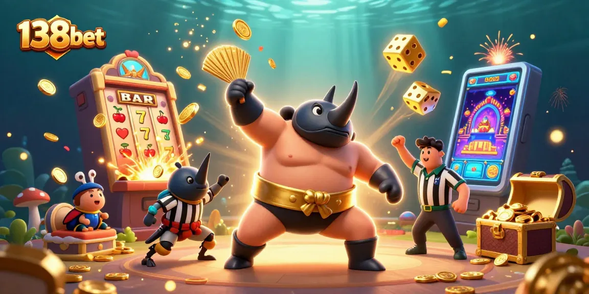 Engage with 138bet's thrilling casino action featuring a unique beetle sumo champion amidst colorful slot elements.