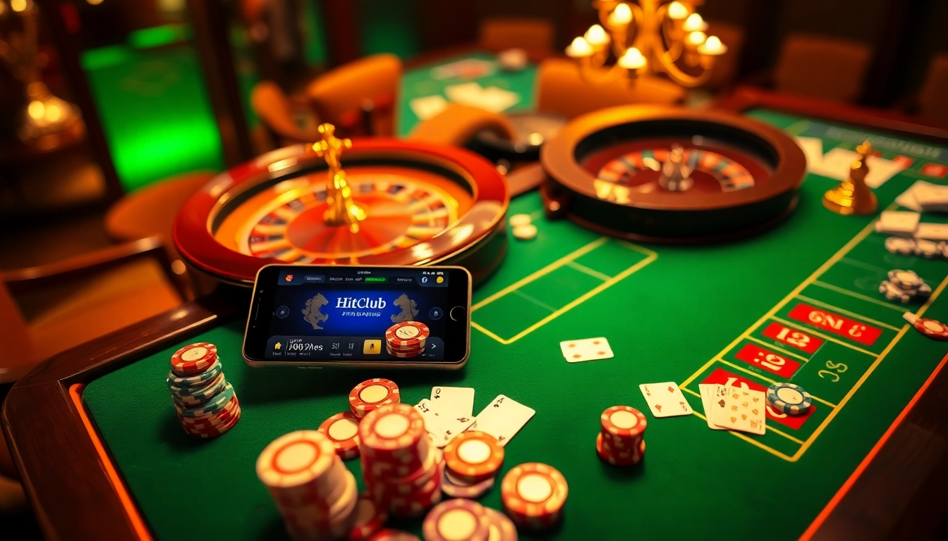 Hitclub tải game showcasing a luxurious online gambling atmosphere with cards, chips, and a roulette wheel.